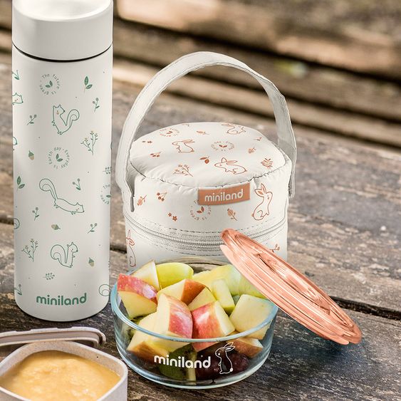 Miniland Set di 3 contenitori in vetro con borsa isolante - Pack 2 Go Naturround 330 ml - eco-friendly Bunny