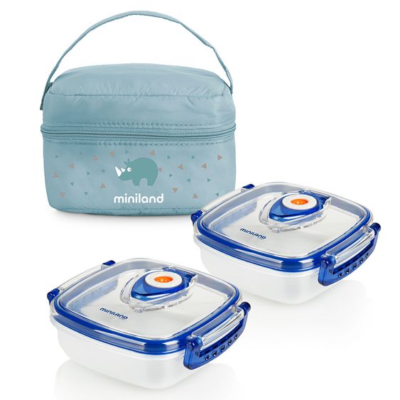 Miniland 3-tlg. Aufbewahrungsbehälter-Set inkl. Isoliertasche - Pack 2 Go Hermifresh 330 ml - Azure