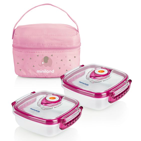 Miniland Set di contenitori da 3 pezzi con borsa isolante - Pack 2 Go Hermifresh 330 ml - Rose