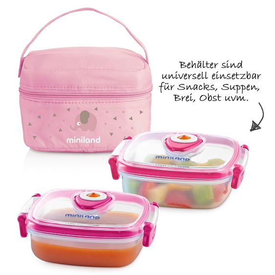 Miniland Set di contenitori da 3 pezzi con borsa isolante - Pack 2 Go Hermifresh 330 ml - Rose