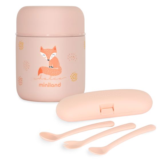 Miniland 5-tlg. Thermos-Set 280 ml Baby Edelstahl-Isolierbehälter Food Thermy Mini mit Besteck - zum Füttern für Unterwegs - Candy