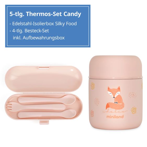 Miniland 5-tlg. Thermos-Set 280 ml Baby Edelstahl-Isolierbehälter Food Thermy Mini mit Besteck - zum Füttern für Unterwegs - Candy