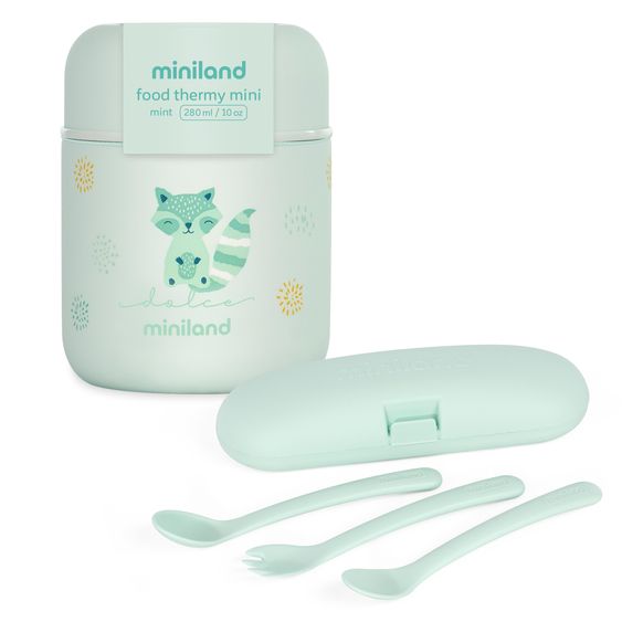 Miniland 5-tlg. Thermos-Set 280 ml Baby Edelstahl-Isolierbehälter Food Thermy Mini mit Besteck - zum Füttern für Unterwegs - Mint