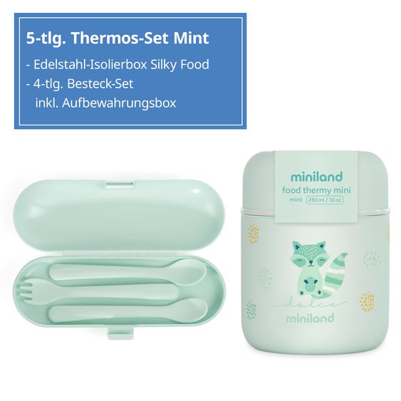 Miniland 5-tlg. Thermos-Set 280 ml Baby Edelstahl-Isolierbehälter Food Thermy Mini mit Besteck - zum Füttern für Unterwegs - Mint