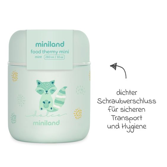 Miniland 5-tlg. Thermos-Set 280 ml Baby Edelstahl-Isolierbehälter Food Thermy Mini mit Besteck - zum Füttern für Unterwegs - Mint