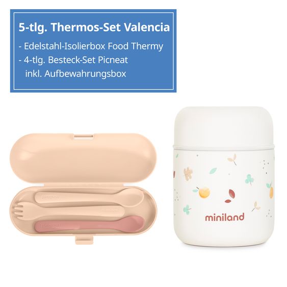 Miniland 5-tlg. Thermos-Set 280 ml Baby Edelstahl-Isolierbehälter Food Thermy Mini mit Besteck - zum Füttern für Unterwegs - Valencia
