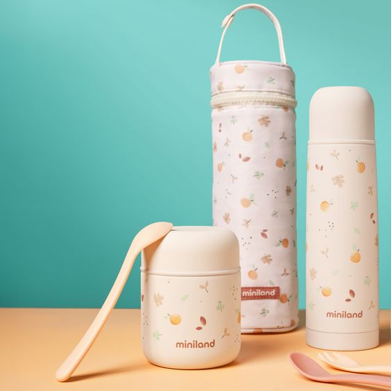Miniland 5-tlg. Thermos-Set 280 ml Baby Edelstahl-Isolierbehälter Food Thermy Mini mit Besteck - zum Füttern für Unterwegs - Valencia