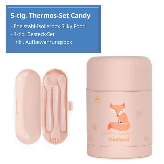 Miniland 5-tlg. Thermos-Set 600 ml Baby Edelstahl-Isolierbehälter Food Thermy mit Besteck - zum Füttern für Unterwegs - Candy