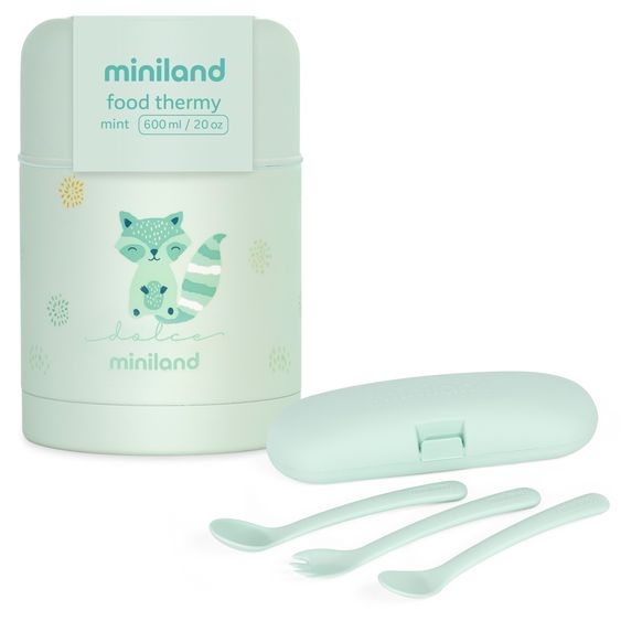 Miniland 5-tlg. Thermos-Set 600 ml Baby Edelstahl-Isolierbehälter Food Thermy mit Besteck - zum Füttern für Unterwegs - Mint