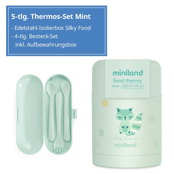Miniland 5-tlg. Thermos-Set 600 ml Baby Edelstahl-Isolierbehälter Food Thermy mit Besteck - zum Füttern für Unterwegs - Mint