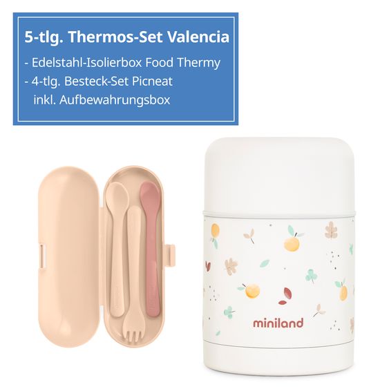 Miniland 5-tlg. Thermos-Set 600 ml Baby Edelstahl-Isolierbehälter Food Thermy mit Besteck - zum Füttern für Unterwegs - Valencia