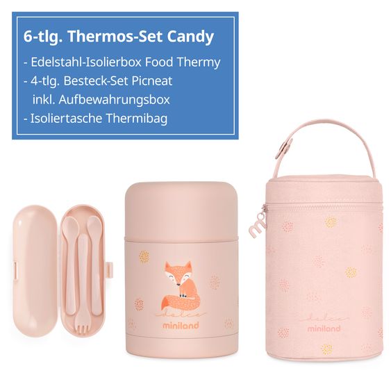 Miniland 6-tlg. Thermos-Set 600 ml Baby Edelstahl-Isolierbehälter Food Thermy mit Besteck & Isoliertasche - zum Füttern für Unterwegs - Candy