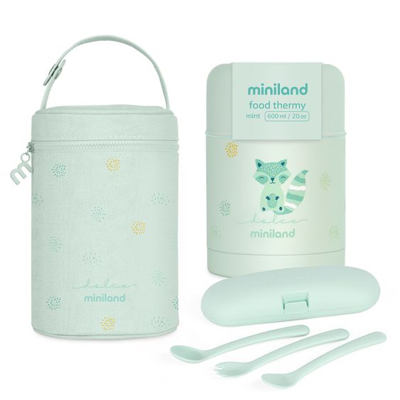 Miniland 6-tlg. Thermos-Set 600 ml Baby Edelstahl-Isolierbehälter Food Thermy mit Besteck & Isoliertasche - zum Füttern für Unterwegs - Mint