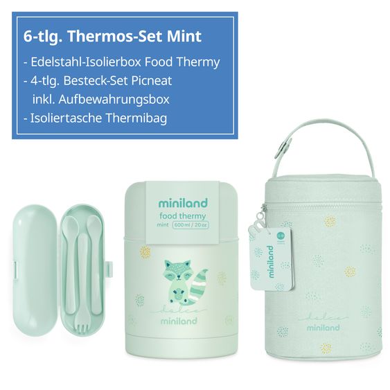 Miniland 6-tlg. Thermos-Set 600 ml Baby Edelstahl-Isolierbehälter Food Thermy mit Besteck & Isoliertasche - zum Füttern für Unterwegs - Mint