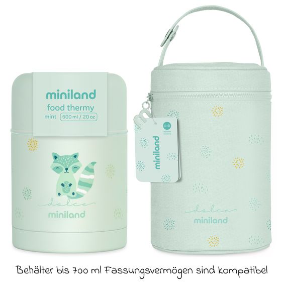 Miniland 6-tlg. Thermos-Set 600 ml Baby Edelstahl-Isolierbehälter Food Thermy mit Besteck & Isoliertasche - zum Füttern für Unterwegs - Mint