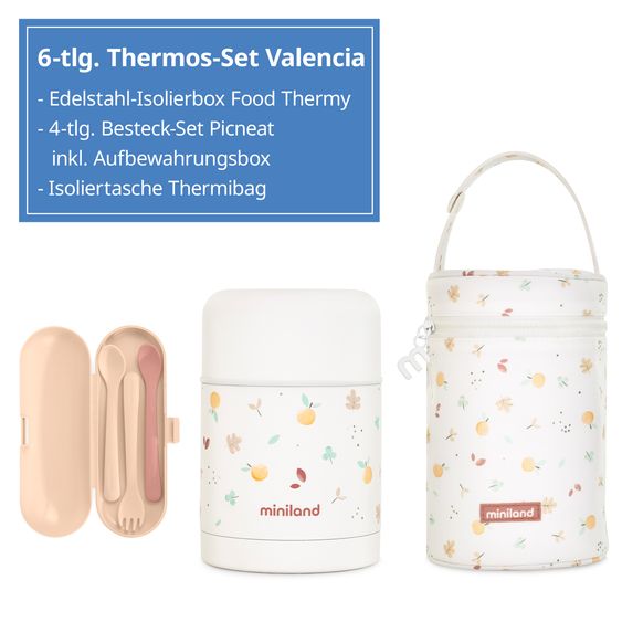 Miniland 6-tlg. Thermos-Set 600 ml Baby Edelstahl-Isolierbehälter Food Thermy mit Besteck & Isoliertasche - zum Füttern für Unterwegs - Valencia