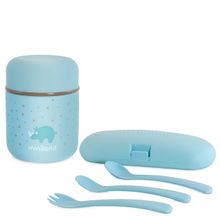 6-tlg. Thermos-Set Baby Edelstahl-Isolierbehälter 280 ml mit Besteck - zum Füttern für Unterwegs - Azure