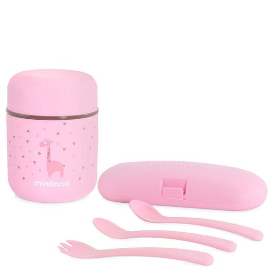 Miniland Set di 6 pezzi Thermos Baby in acciaio inox isolato 280 ml con posate - per la pappa in viaggio - Rosa