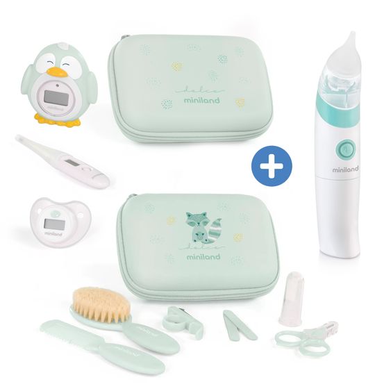 Miniland Baby health set 13-piece - with electric nasal aspirator + 2 clinical thermometers + bath thermometer + care set - Mint