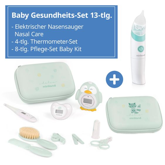 Miniland Baby Gesundheits-Set 13-tlg. - mit elektr. Nasensauger + 2 Fieberthermometer + Badethermometer + Pflege-Set - Mint