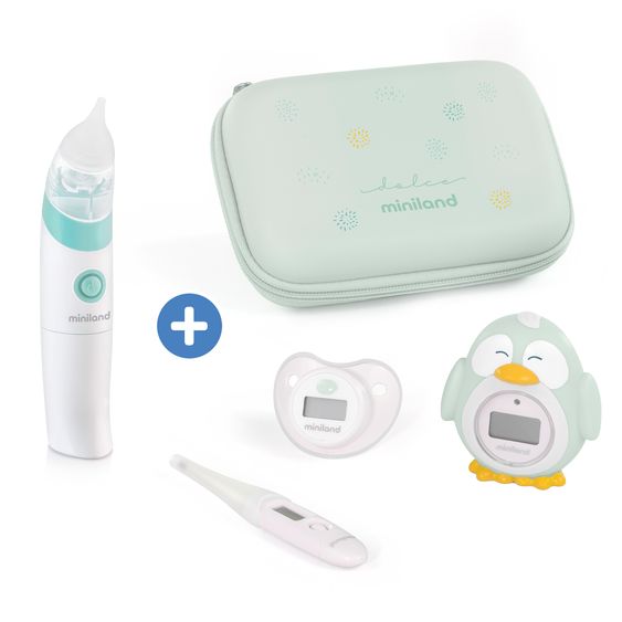 Miniland Baby Gesundheits-Set 5-tlg. - mit elektr. Nasensauger + 2 Fieberthermometer + Badethermometer - Mint