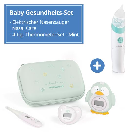 Miniland Baby Gesundheits-Set 5-tlg. - mit elektr. Nasensauger + 2 Fieberthermometer + Badethermometer - Mint