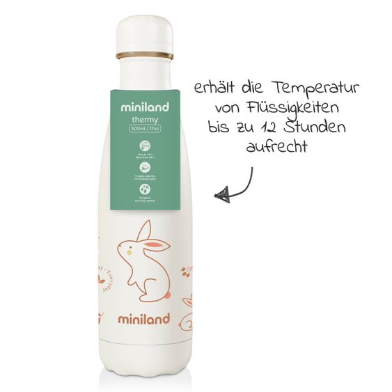 Miniland Edelstahl-Isolierflasche Natur Bottle 500 ml - eco friendly - Bunny