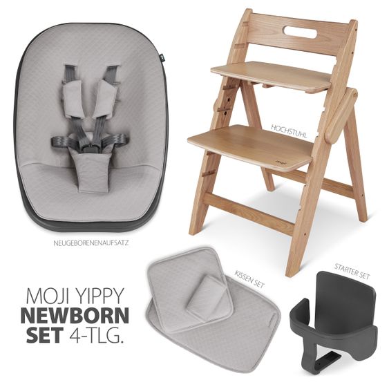 Moji Yippy Newborn Set (4 pcs.) High Chair + Newborn Attachment + Seat Cushion + Starter Set - Oak