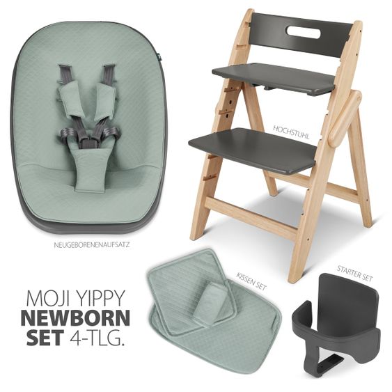 Moji Yippy Newborn Set (4 pcs.) High Chair + Newborn Attachment + Seat Cushion + Starter Set - Stone