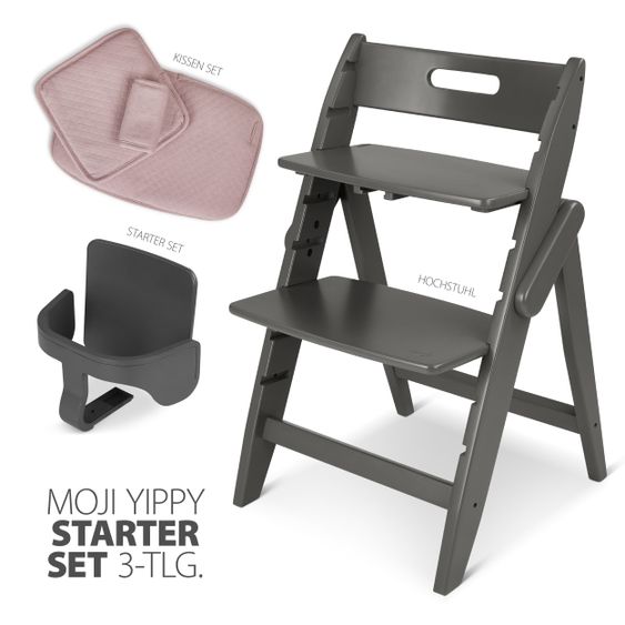 Moji Yippy Starter Set (3-tlg.) Hochstuhl + Sitzkissen + Starter Set (klappbar & mitwachsend) - Cloud