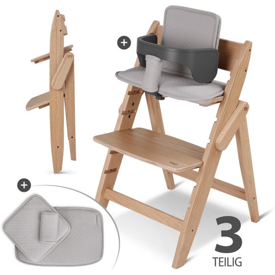 Moji Yippy Starter Set (3 pcs.) High Chair + Seat Cushion + Starter Set (foldable & growable) - Oak