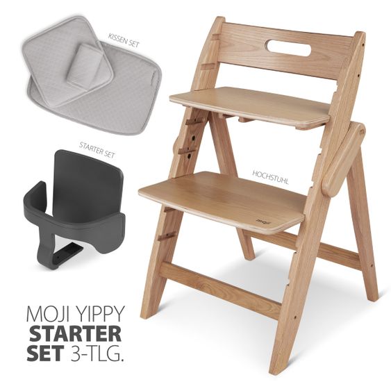 Moji Yippy Starter Set (3 pezzi) Seggiolone + Cuscino per la seduta + Starter Set (pieghevole e per la crescita) - Quercia