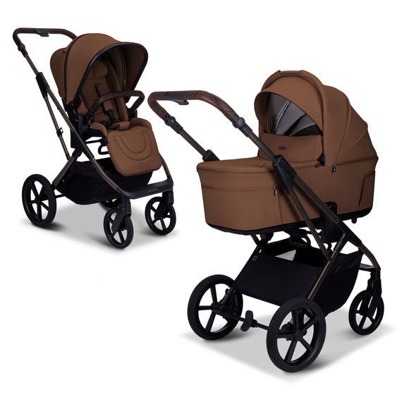 Moon 2 in 1 Kombi-Kinderwagen Ciao FOLD bis 22 kg mit faltbarer Babywanne, Liegeposition, Knickschieber - Cognac