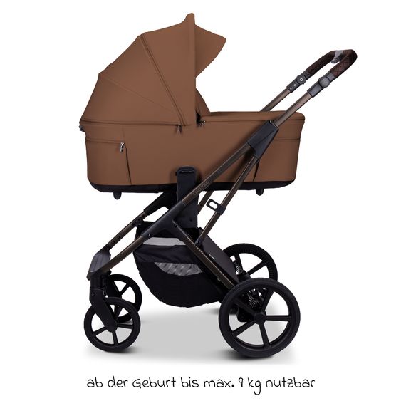 Moon 2 in 1 Kombi-Kinderwagen Ciao FOLD bis 22 kg mit faltbarer Babywanne, Liegeposition, Knickschieber - Cognac