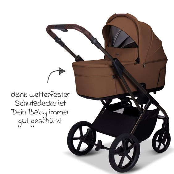 Moon 2 in 1 Kombi-Kinderwagen Ciao FOLD bis 22 kg mit faltbarer Babywanne, Liegeposition, Knickschieber - Cognac