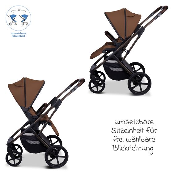 Moon 2 in 1 Kombi-Kinderwagen Ciao FOLD bis 22 kg mit faltbarer Babywanne, Liegeposition, Knickschieber - Cognac
