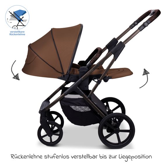 Moon 2 in 1 Kombi-Kinderwagen Ciao FOLD bis 22 kg mit faltbarer Babywanne, Liegeposition, Knickschieber - Cognac