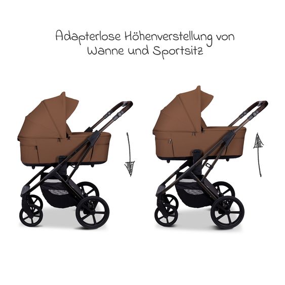 Moon 2 in 1 Kombi-Kinderwagen Ciao FOLD bis 22 kg mit faltbarer Babywanne, Liegeposition, Knickschieber - Cognac