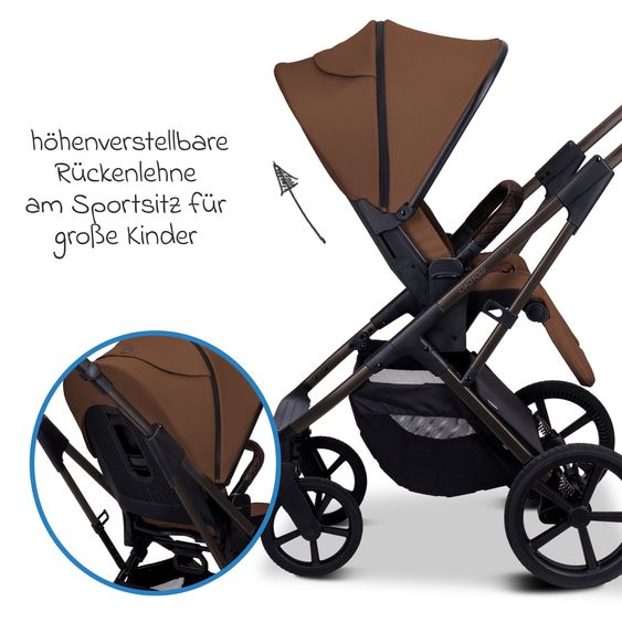 Moon 2 in 1 Kombi-Kinderwagen Ciao FOLD bis 22 kg mit faltbarer Babywanne, Liegeposition, Knickschieber - Cognac