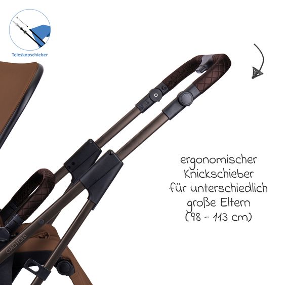 Moon 2 in 1 Kombi-Kinderwagen Ciao FOLD bis 22 kg mit faltbarer Babywanne, Liegeposition, Knickschieber - Cognac