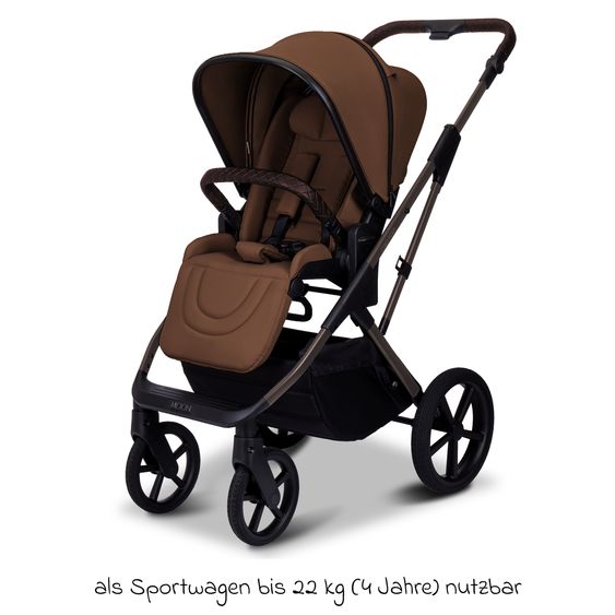Moon 2 in 1 Kombi-Kinderwagen Ciao FOLD bis 22 kg mit faltbarer Babywanne, Liegeposition, Knickschieber - Cognac