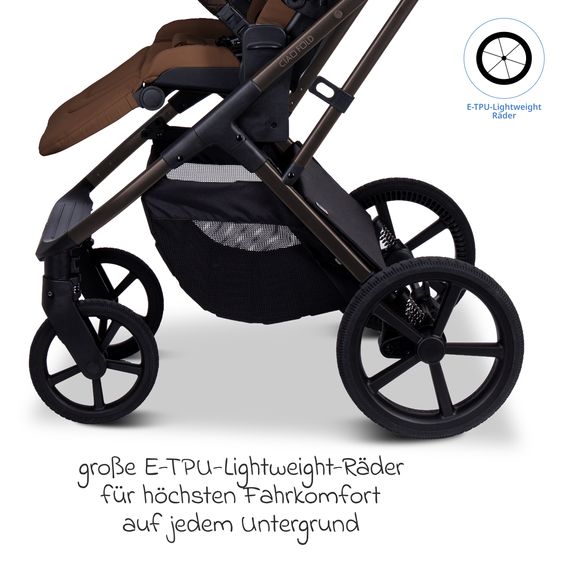 Moon 2 in 1 Kombi-Kinderwagen Ciao FOLD bis 22 kg mit faltbarer Babywanne, Liegeposition, Knickschieber - Cognac