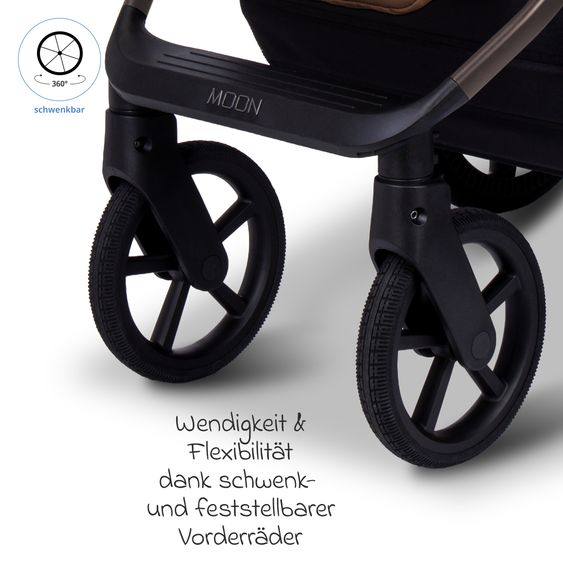 Moon 2 in 1 Kombi-Kinderwagen Ciao FOLD bis 22 kg mit faltbarer Babywanne, Liegeposition, Knickschieber - Cognac