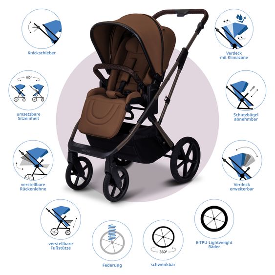 Moon 2 in 1 Kombi-Kinderwagen Ciao FOLD bis 22 kg mit faltbarer Babywanne, Liegeposition, Knickschieber - Cognac