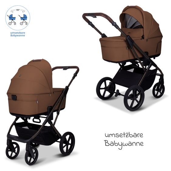 Moon 2 in 1 Kombi-Kinderwagen Ciao FOLD bis 22 kg mit faltbarer Babywanne, Liegeposition, Knickschieber - Cognac
