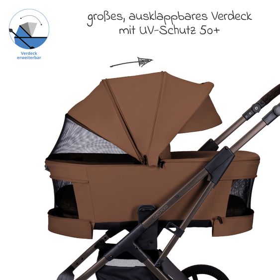 Moon 2 in 1 Kombi-Kinderwagen Ciao FOLD bis 22 kg mit faltbarer Babywanne, Liegeposition, Knickschieber - Cognac