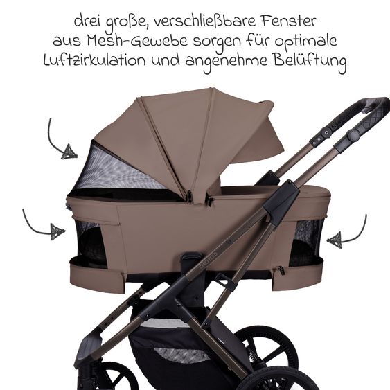 Moon 2 in 1 Kombi-Kinderwagen Ciao FOLD bis 22 kg mit faltbarer Babywanne, Liegeposition, Knickschieber - Greige