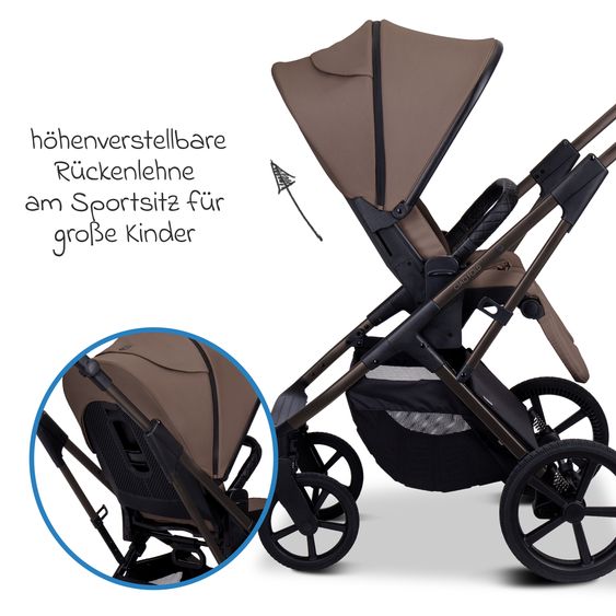 Moon 2 in 1 Kombi-Kinderwagen Ciao FOLD bis 22 kg mit faltbarer Babywanne, Liegeposition, Knickschieber - Greige