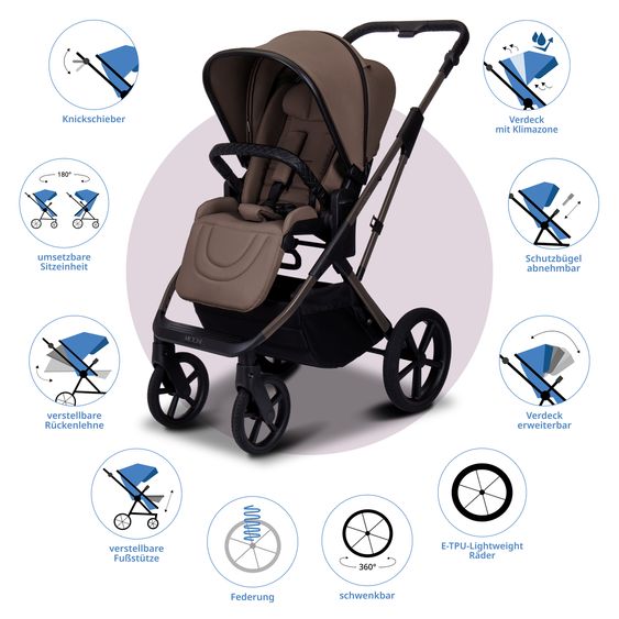 Moon 2 in 1 Kombi-Kinderwagen Ciao FOLD bis 22 kg mit faltbarer Babywanne, Liegeposition, Knickschieber - Greige