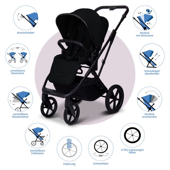 Moon 2 in 1 Kombi-Kinderwagen Ciao FOLD bis 22 kg mit faltbarer Babywanne, Liegeposition, Knickschieber - Onyx